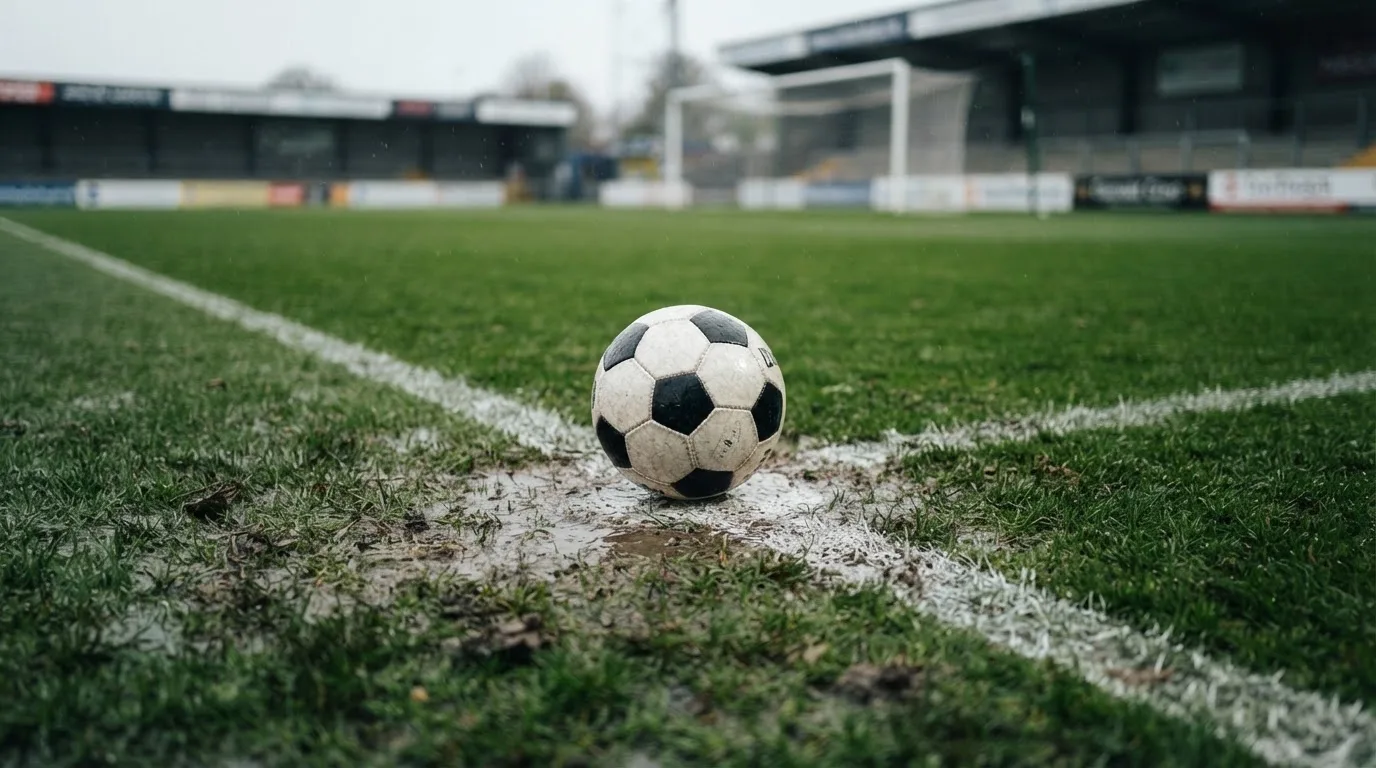 Ein einzelner Fussball liegt auf dem Elfmeterpunkt eines leeren Strafraums, der Rasen glänzt nass.