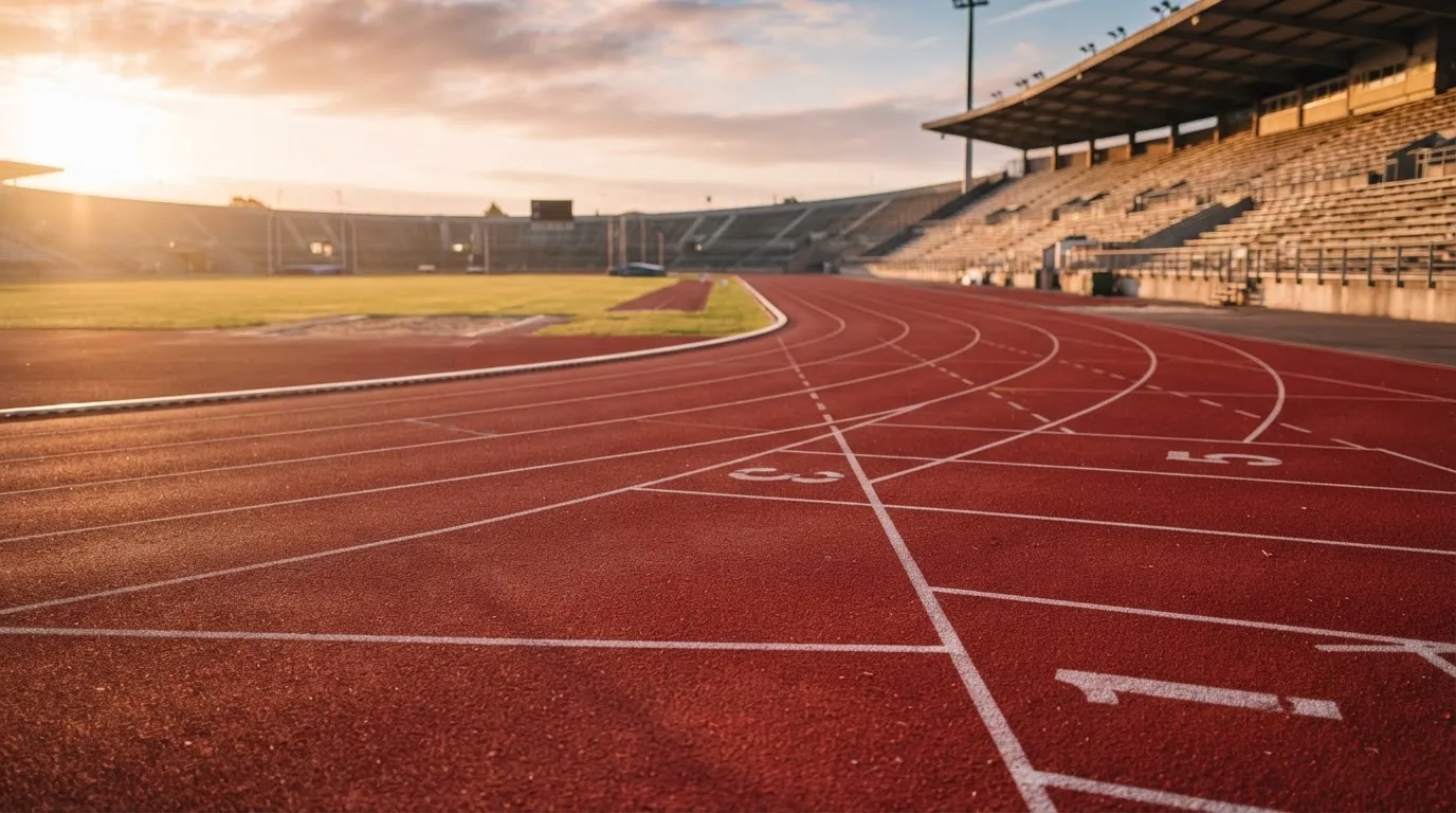 Eine rote Laufbahn in einem leeren Stadion bei Sonnenaufgang, die Bahnen ziehen sich in die Kurve.