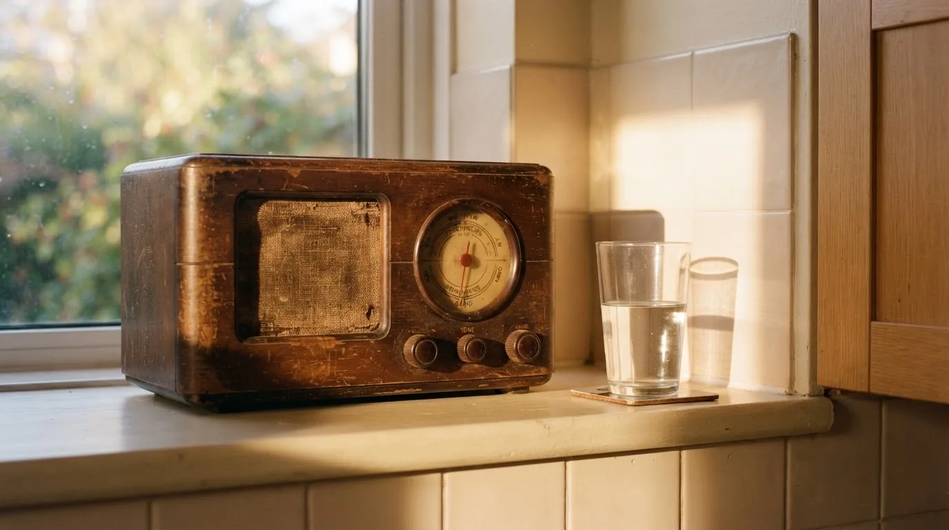 Ein altes Radio steht auf einer Küchenablage neben einem Glas Wasser, Morgenlicht fällt durchs Fenster.