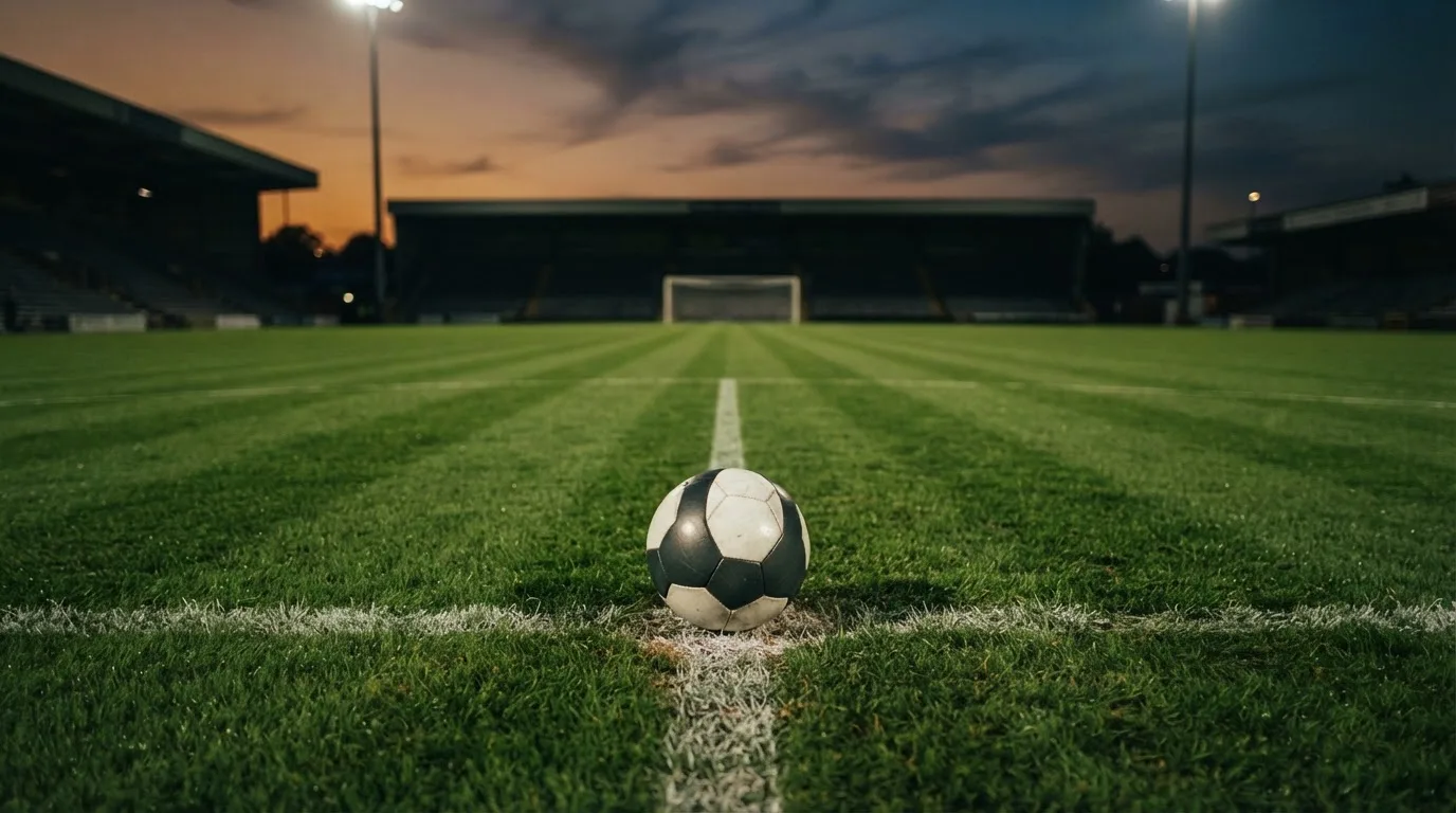 Ein Fussball liegt auf dem Mittelpunkt eines leeren Rasenplatzes, im Hintergrund ragen Flutlichtmasten in die Abenddämmerung