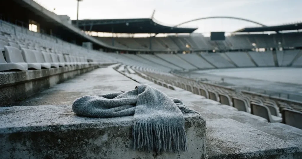 Ein einfarbiger grauer Schal liegt auf einer leeren Betontribüne, Raureif auf den Sitzen, kühles Morgenlicht über dem Stadion