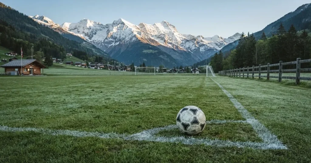 Ein Dorf-Sportplatz mit einem Ball am Strafraumrand, dahinter schneebedeckte Alpengipfel im klaren Morgenlicht