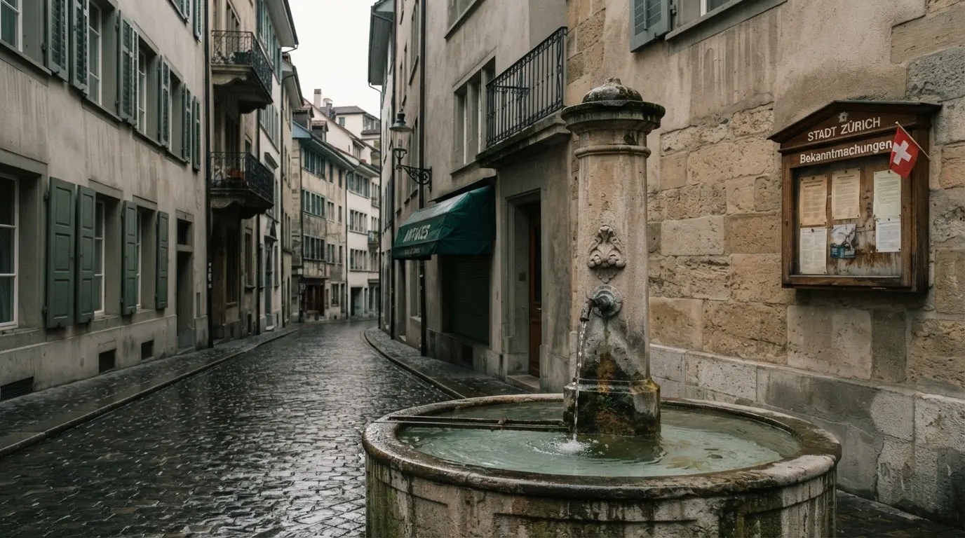Ein Brunnen vor einer Sandsteinfassade in einer Altstadtgasse, nasses Kopfsteinpflaster und gedämpftes Licht eines bewölkten Morgens