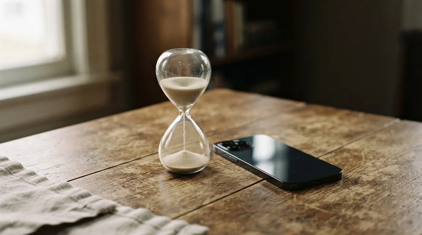 Eine Sanduhr steht neben einem Smartphone mit dunklem Display auf einem Holztisch, ruhiges Tageslicht fällt von der Seite ein