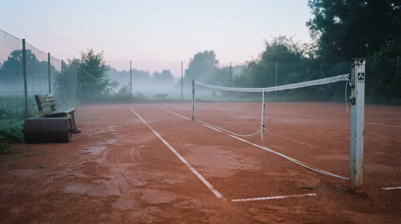 Ein Tennisplatz mit Sandbelag in der Morgendämmerung, Netz und Linien liegen im ersten Licht, Nebel hängt über dem Boden