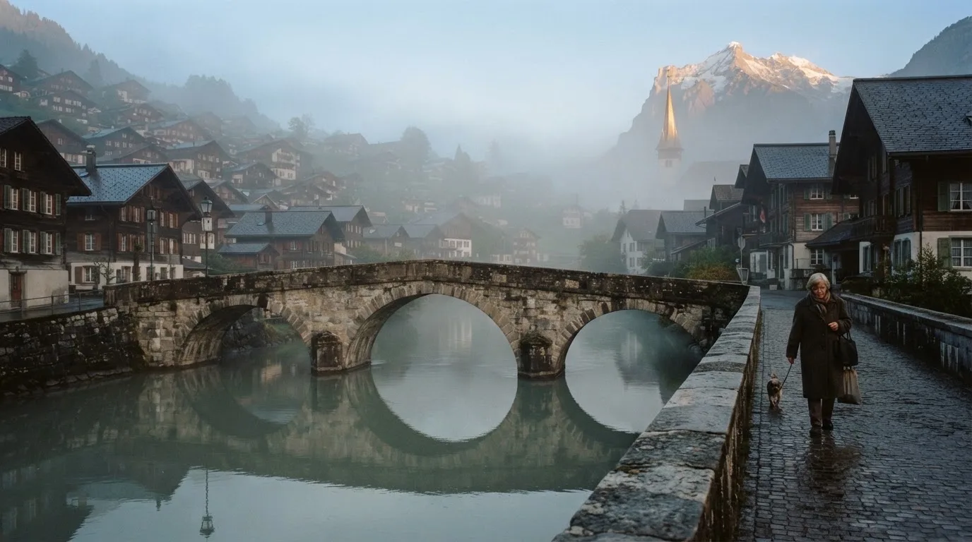 Eine steinerne Brücke über einen Fluss in einer Kleinstadt am frühen Morgen, Nebel zieht zwischen den Dächern hindurch