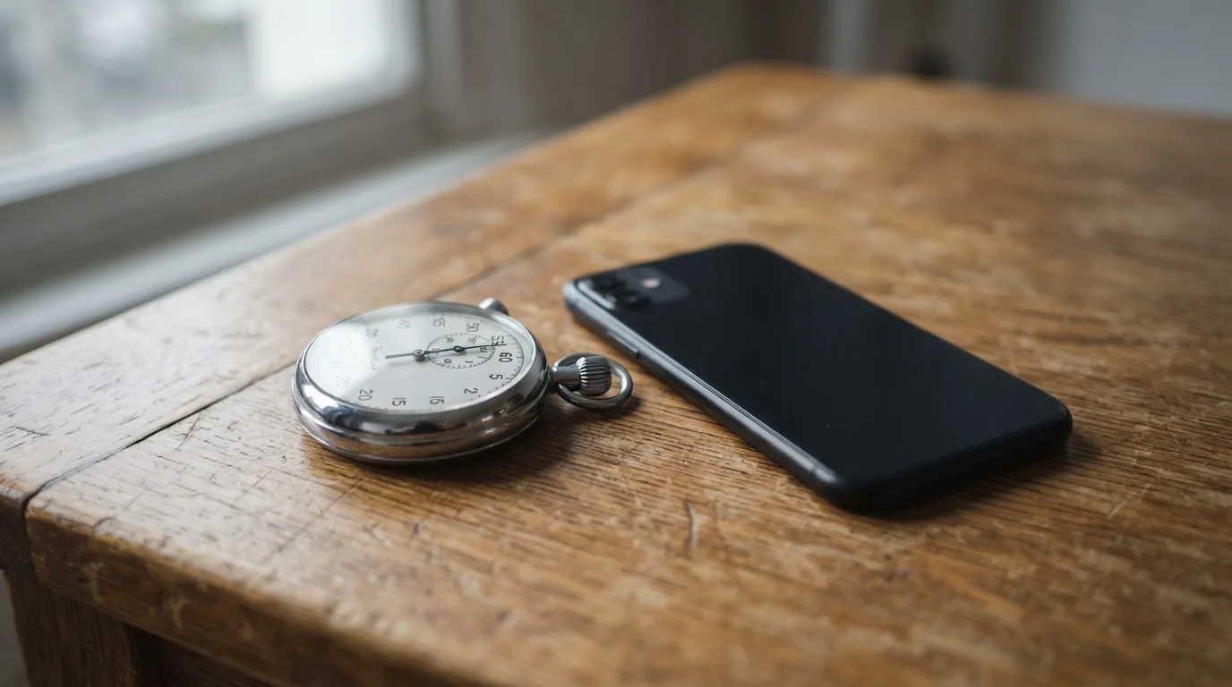 Eine Stoppuhr und ein Smartphone mit dunklem Display liegen nebeneinander auf einem Holztisch, weiches Fensterlicht