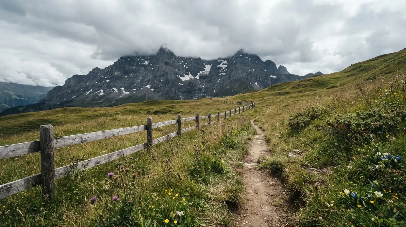 Ein Feldweg führt durch eine Alpwiese mit Holzzaun, im Hintergrund hängen Wolken über einem felsigen Gipfel