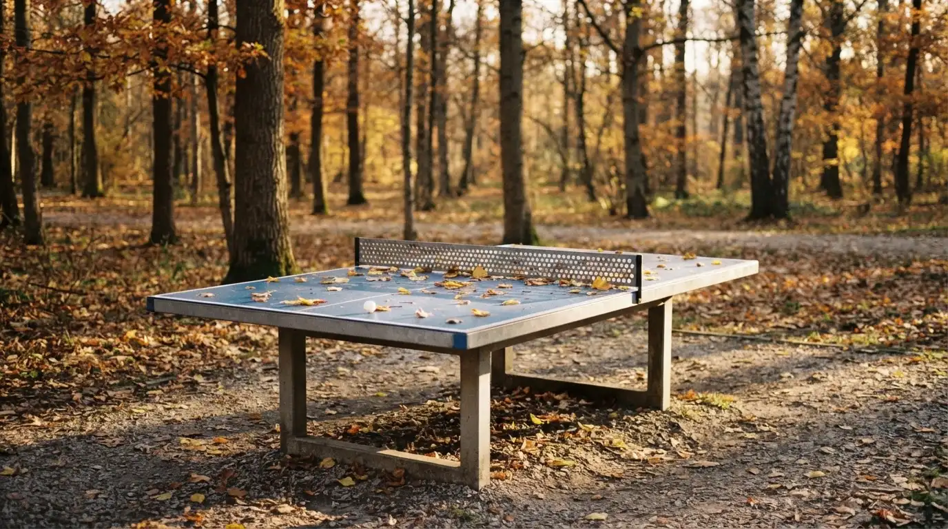 Eine Tischtennisplatte im Freien unter Bäumen, Herbstlaub liegt auf der Platte, das Licht fällt schräg durch die Äste