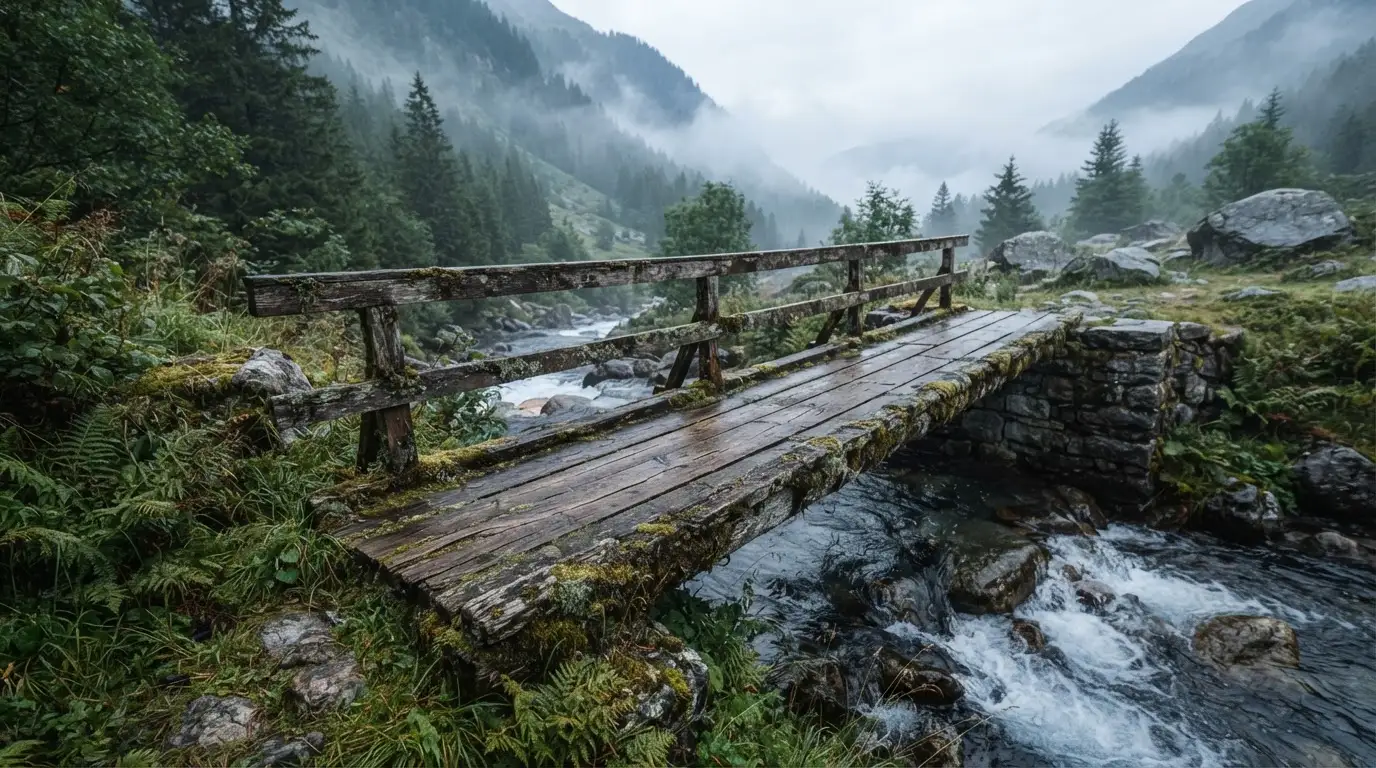Eine alte Holzbrücke über einen Gebirgsbach, Moos auf den Steinen, Nebelschwaden hängen im Tal