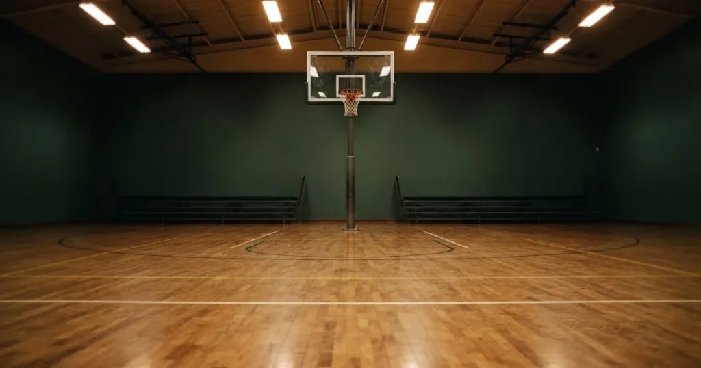 Ein Basketballkorb in einer leeren Halle, der Parkettboden glänzt im Licht der Deckenlampen