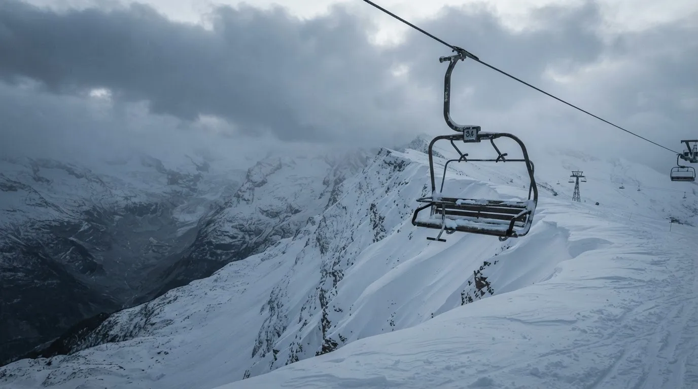 Ein Sessel eines Skilifts schwebt über einer verschneiten Hangkante, dahinter ziehen graue Wolken auf