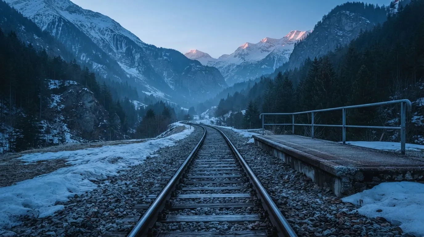 Ein Bahngleis in den Bergen mit Schneeresten und einem leeren Perron im Morgengrauen