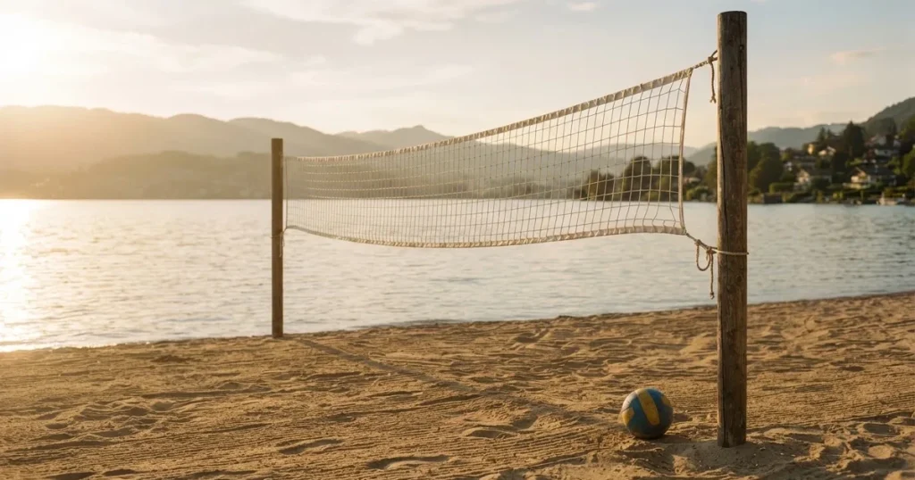 Ein Volleyballnetz am Sandstrand eines Sees, späte Nachmittagssonne, das Wasser liegt glatt im Hintergrund