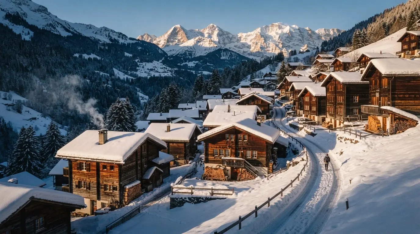Ein Bergdorf mit Holzhäusern im Schnee, Rauch steigt aus einem Kamin, später Nachmittag mit tiefem Licht