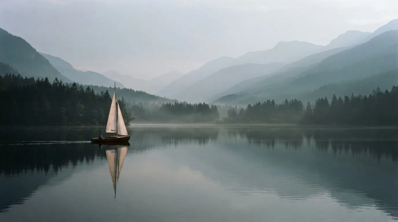Ein kleines Segelboot auf einem ruhigen Bergsee, Nebel liegt am Ufer, die Berge verschwinden im Dunst