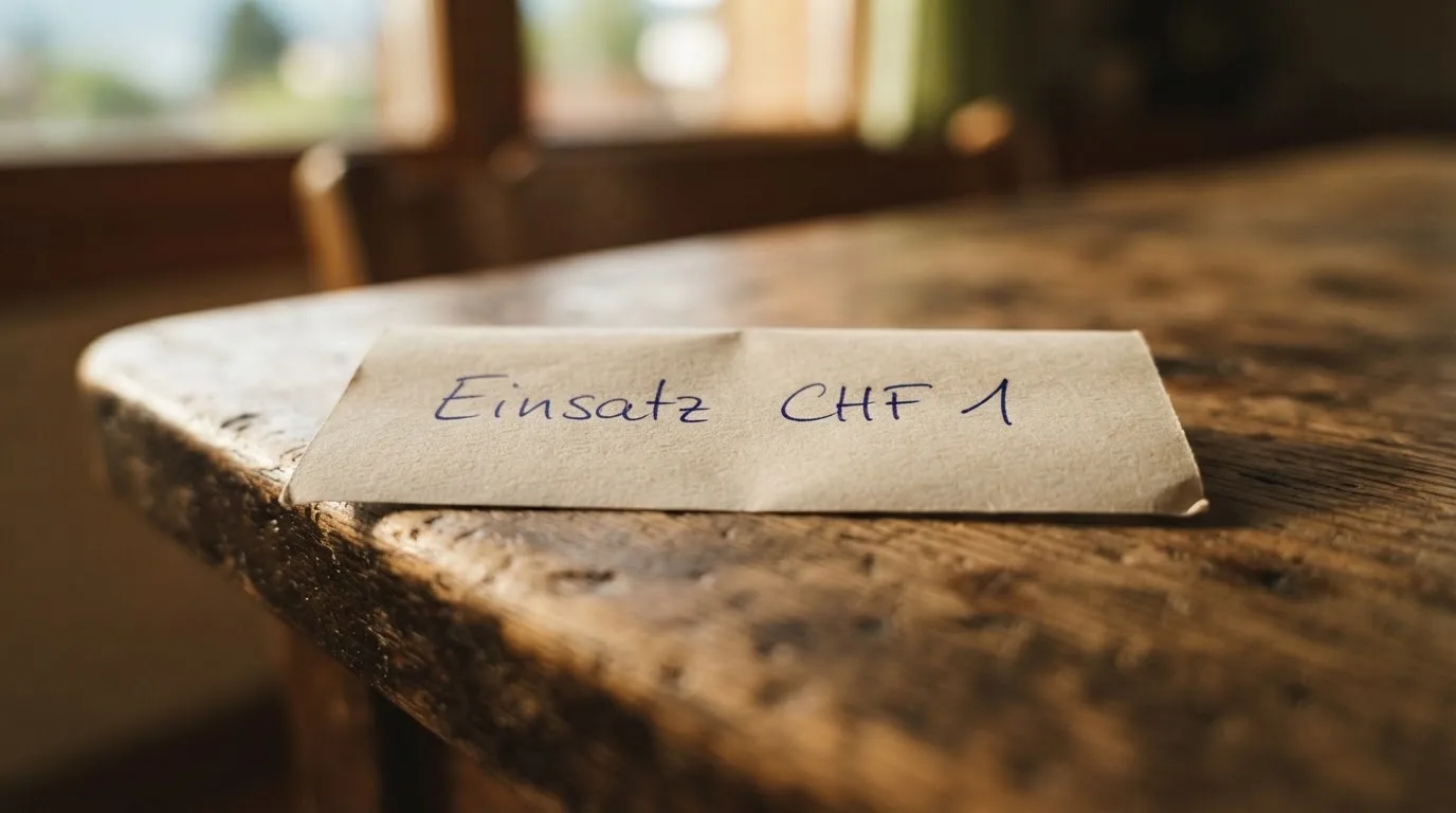Eine Münze steht aufrecht auf der Kante eines Holztisches, der Hintergrund liegt in weicher Unschärfe