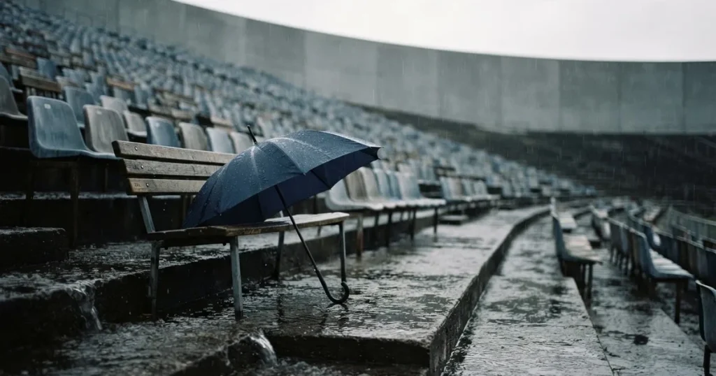 Ein offener Regenschirm lehnt an einer leeren Tribünenbank, Regen fällt auf die Stufen eines Stadions