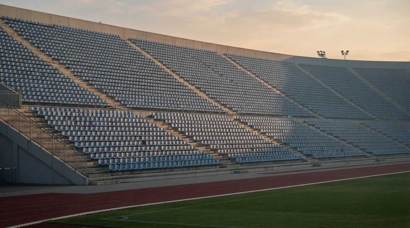 Eine leere Stadiontribüne bei Sonnenaufgang aus der Ferne, lange Schatten fallen über die Sitzreihen