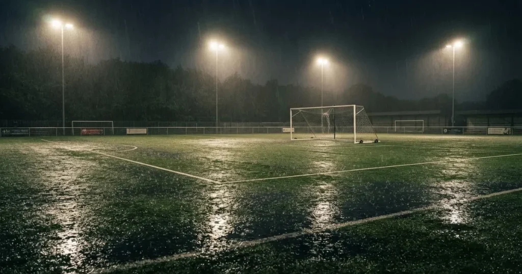 Ein Fussballplatz mit Kunstrasen im Regen, Pfützen spiegeln das Licht der Flutlichtmasten
