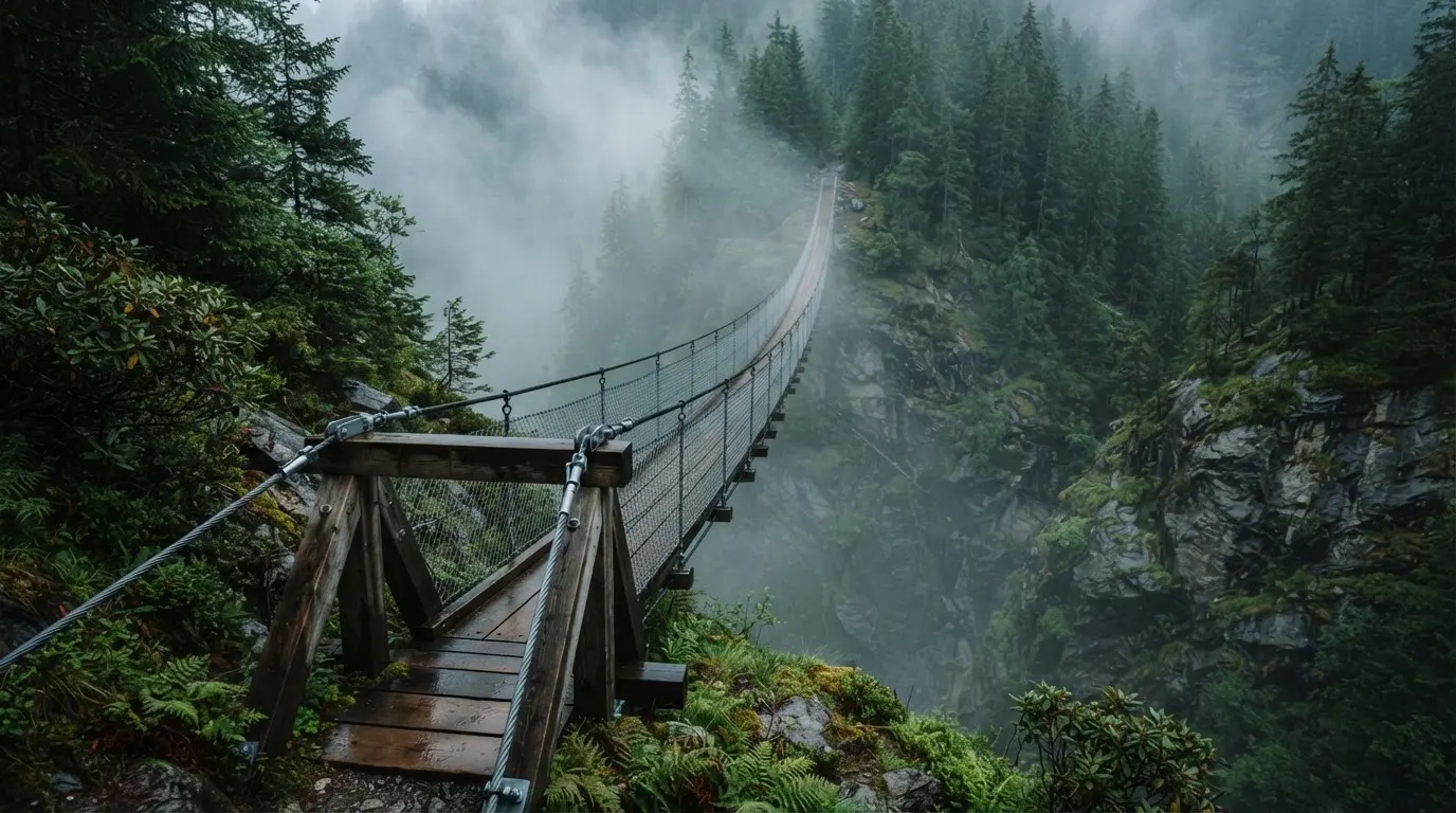 Eine Hängebrücke über eine Schlucht, Nebel steigt auf, dichter Wald bedeckt die steilen Hänge