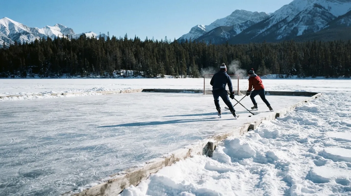 Ein Eishockeyfeld im Freien auf einem zugefrorenen See, Schneewehen an den Banden, klare Winterluft