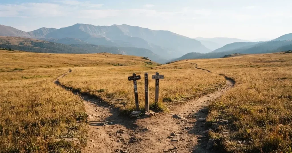 Zwei Wanderwege gabeln sich auf einer Wiese, dahinter steht eine Bergkette im Dunst