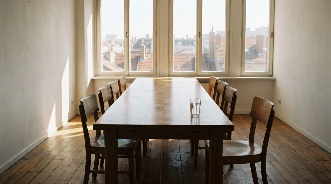 Ein langer Holztisch mit leeren Stühlen in einem hellen Raum, die Fenster geben den Blick auf Dächer frei
