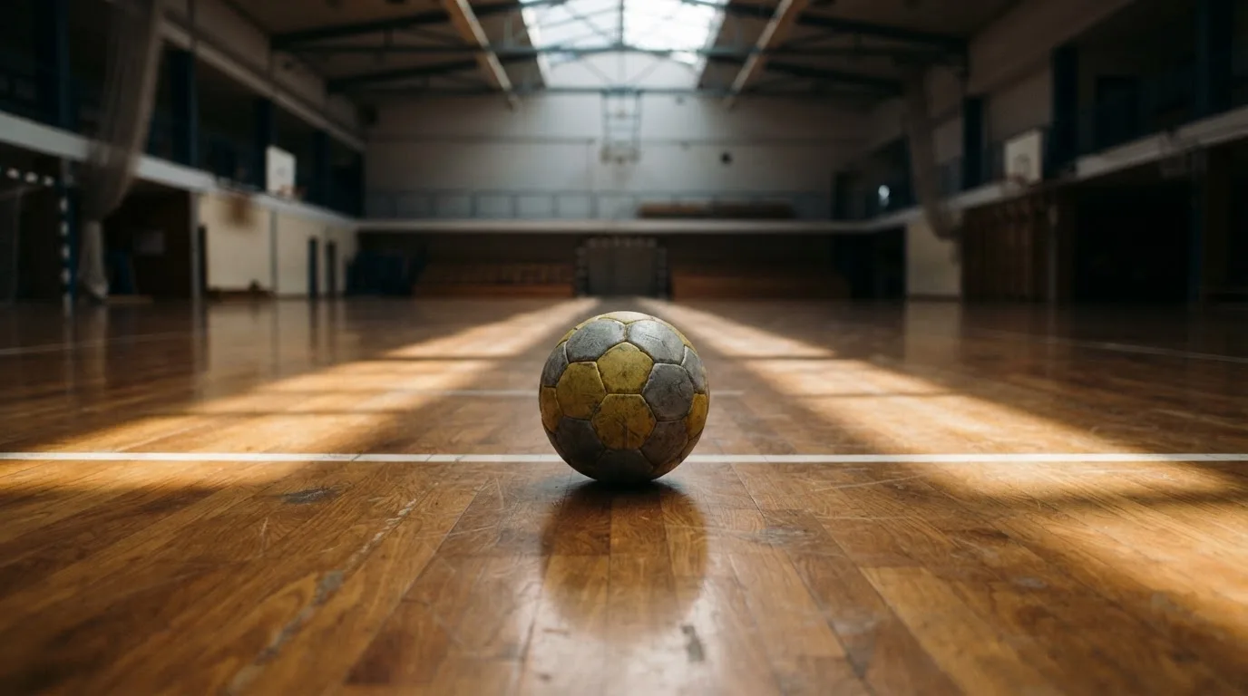 Ein Handball liegt auf dem Hallenboden einer leeren Sporthalle, Streifen von Licht aus den Oberlichtern