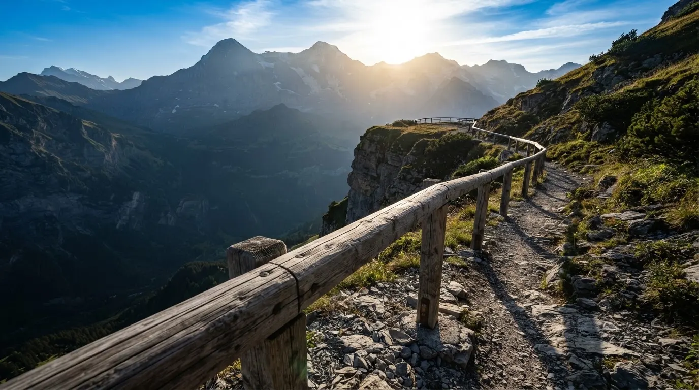 Ein stabiles Holzgeländer am Rand eines Wanderwegs über einer Schlucht, Gegenlicht über den Hängen