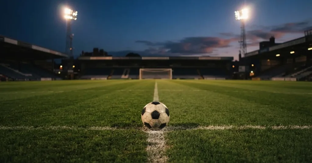 Ein Fussball liegt auf dem Anstosspunkt eines leeren Rasenplatzes in der Abenddämmerung, im Hintergrund leuchten Flutlichtmasten.