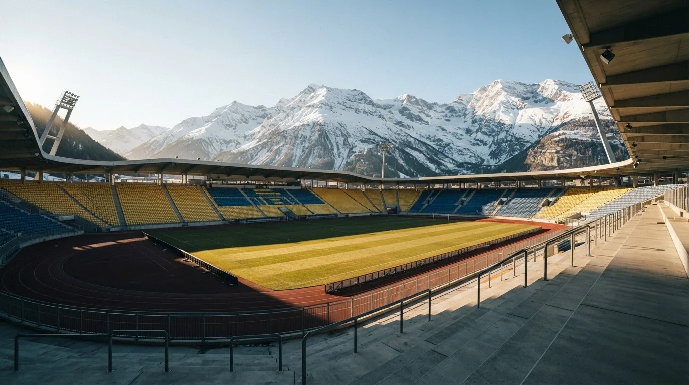 Schneebedeckte Berggipfel erheben sich im klaren Morgenlicht hinter einem leeren Stadion mit hellen Zuschauerrängen.