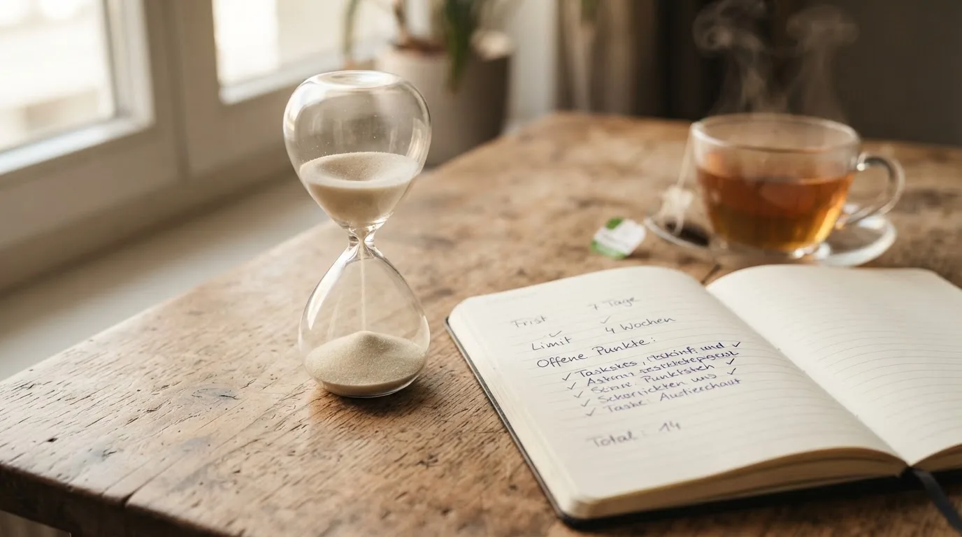 Eine Sanduhr steht neben einem Notizbuch mit handschriftlichen Notizen auf einem Holztisch, daneben dampft eine Tasse Tee.