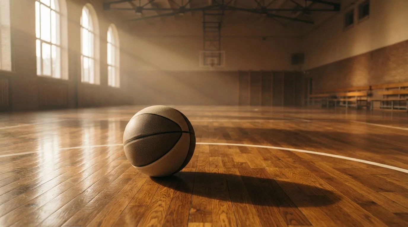 Ein Basketball ruht auf dem polierten Parkett einer leeren Halle, Nachmittagslicht fällt durch hohe Fenster.