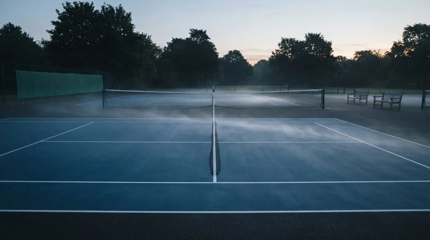 Ein gepflegter Tennisplatz im Morgengrauen, über der Grundlinie hängt leichter Nebel und die Bänke am Rand sind leer.