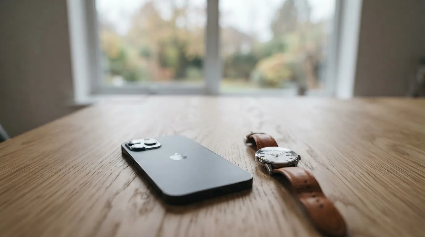 Ein Smartphone liegt mit dem Display nach unten auf einem Tisch neben einer Armbanduhr, im Hintergrund ein unscharfes Fenster.