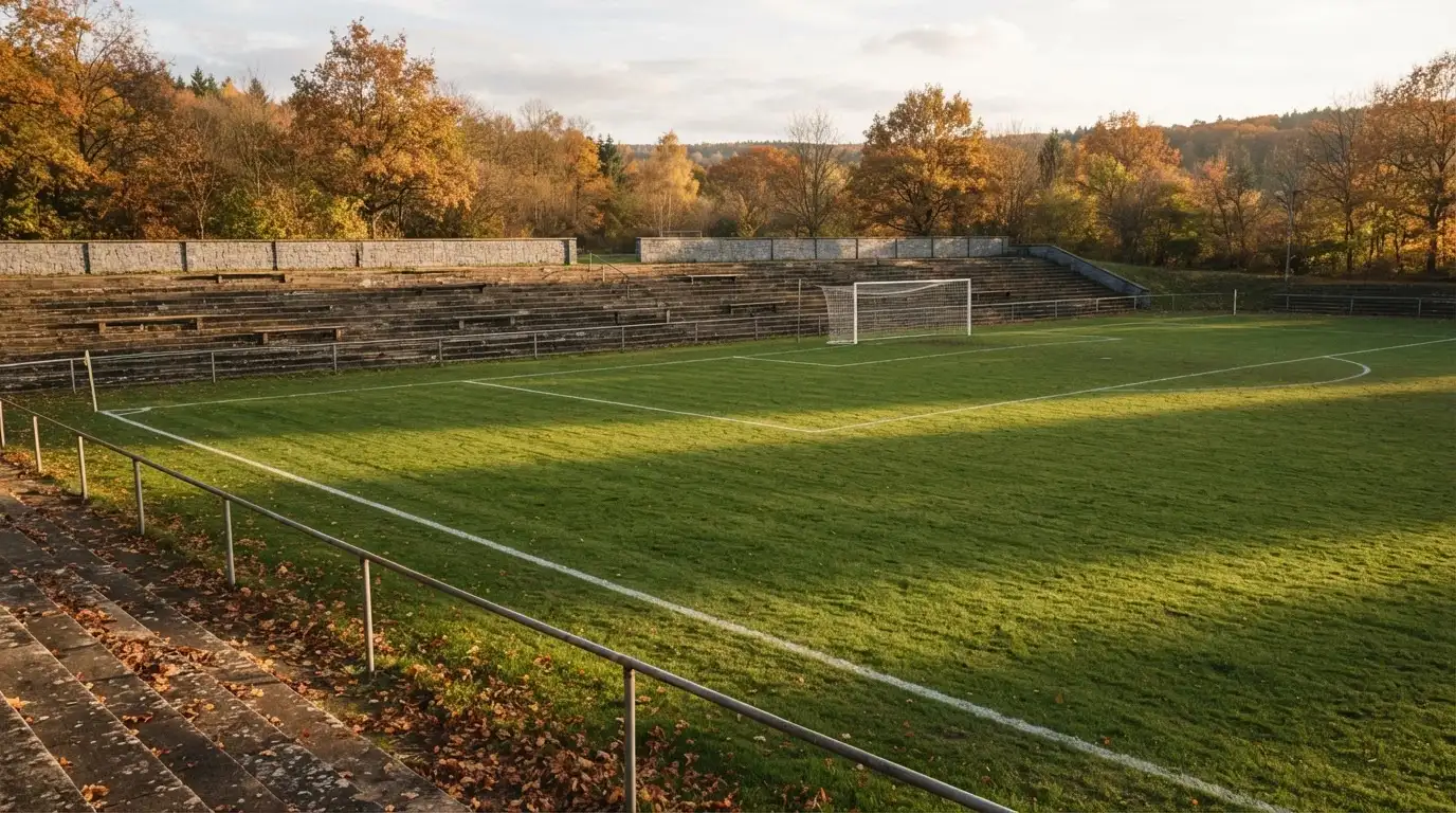 Leere Zuschauerränge eines kleinen Stadions im Herbstlicht, davor ein Rasenplatz mit frisch gezogenen Linien.