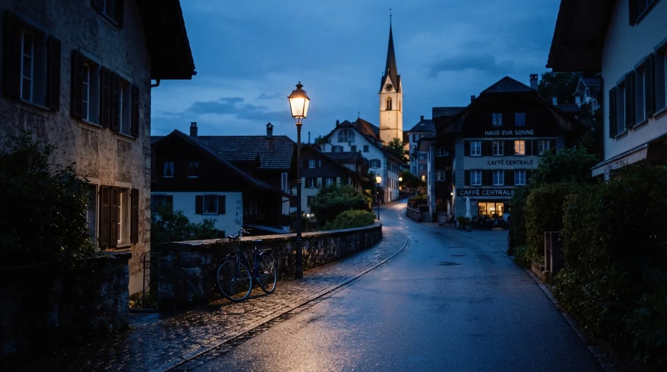Eine ruhige Dorfstrasse in der Dämmerung mit einer brennenden Strassenlaterne und einem Kirchturm im Hintergrund.
