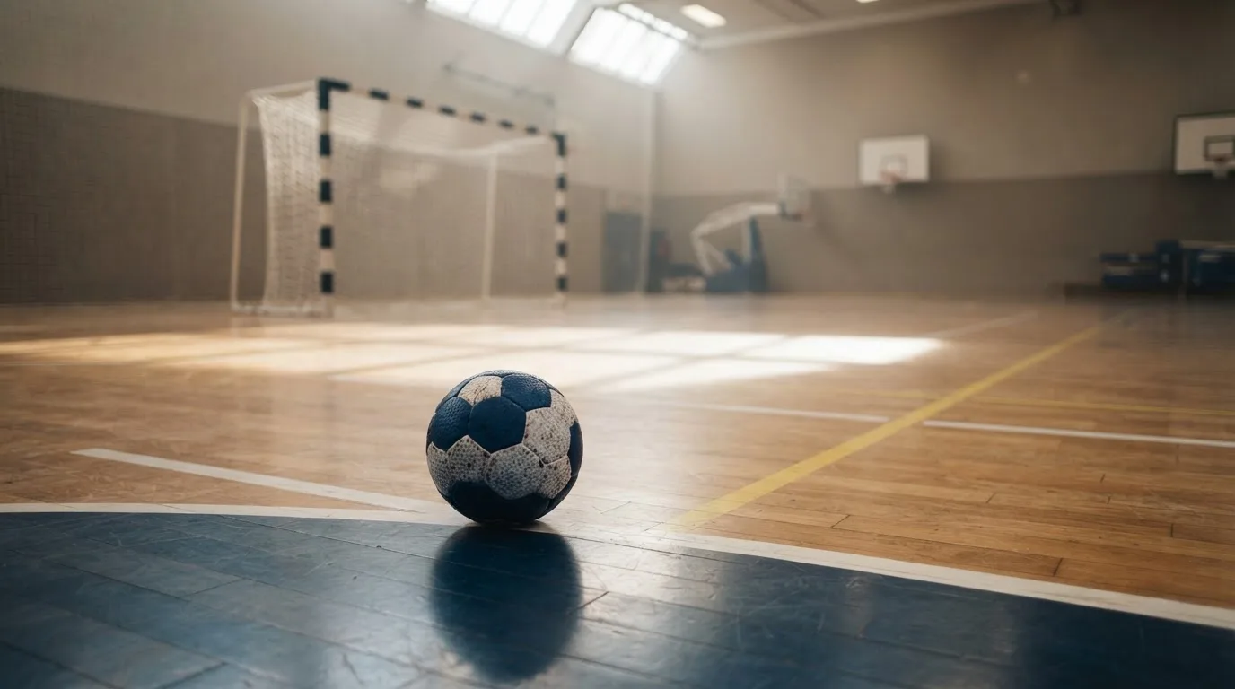 Ein Handball liegt am Rand des Torraums in einer leeren Sporthalle, Licht fällt durch Oberlichter auf den Hallenboden.