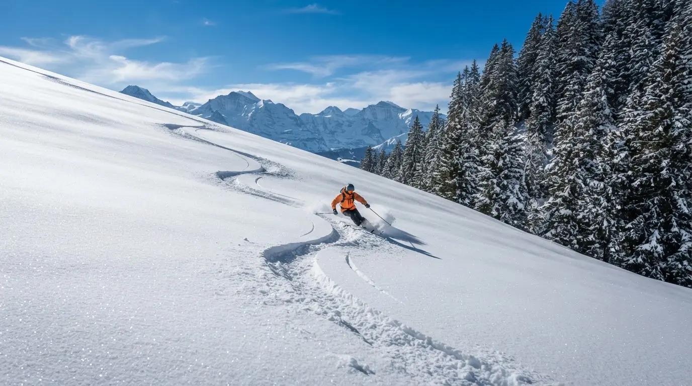 Ein Skihang mit frischen Spuren im Neuschnee unter blauem Himmel, am Rand stehen verschneite Tannen.