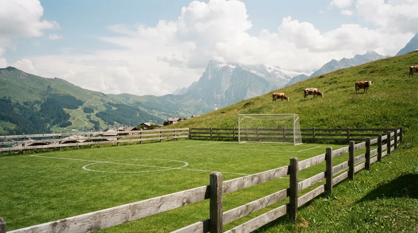 Ein Dorffussballplatz mit Holzzaun am Hang, dahinter grasen Kühe auf einer Weide unter hohen Wolken.