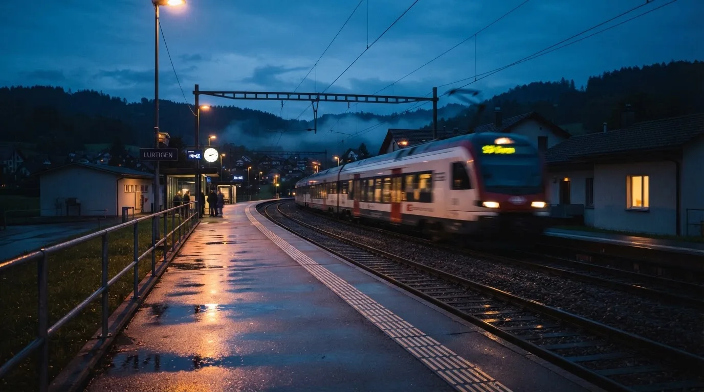 Ein Bahnsteig in der Abenddämmerung, ein Regionalzug fährt unscharf ein und Lichter spiegeln sich auf dem nassen Beton.