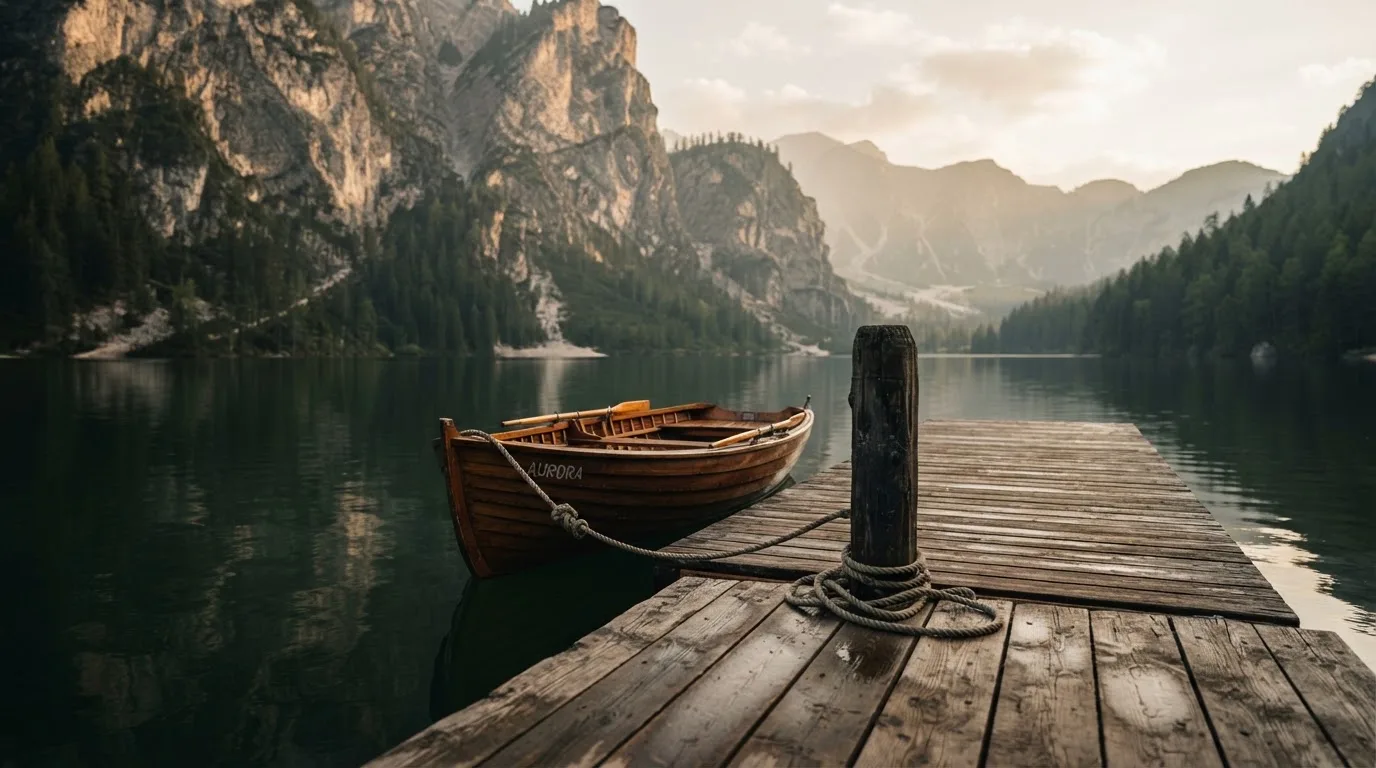 Ein schmales Ruderboot liegt an einem hölzernen Steg an einem Bergsee, dahinter steigen steile Felswände auf.