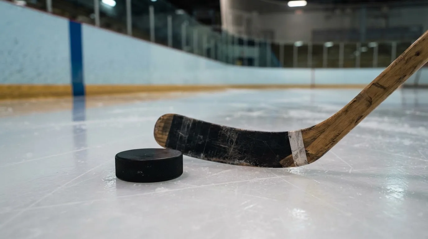 Ein Eishockeypuck und ein Schläger liegen auf einer glänzenden Eisfläche, im Hintergrund verschwimmen leere Banden.