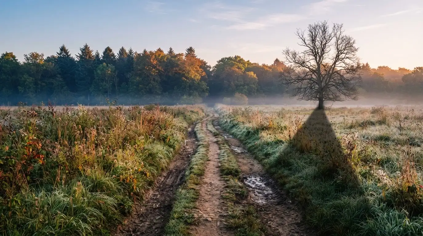 Ein Feldweg führt bei Sonnenaufgang zwischen Wiesen auf ein Waldstück zu.