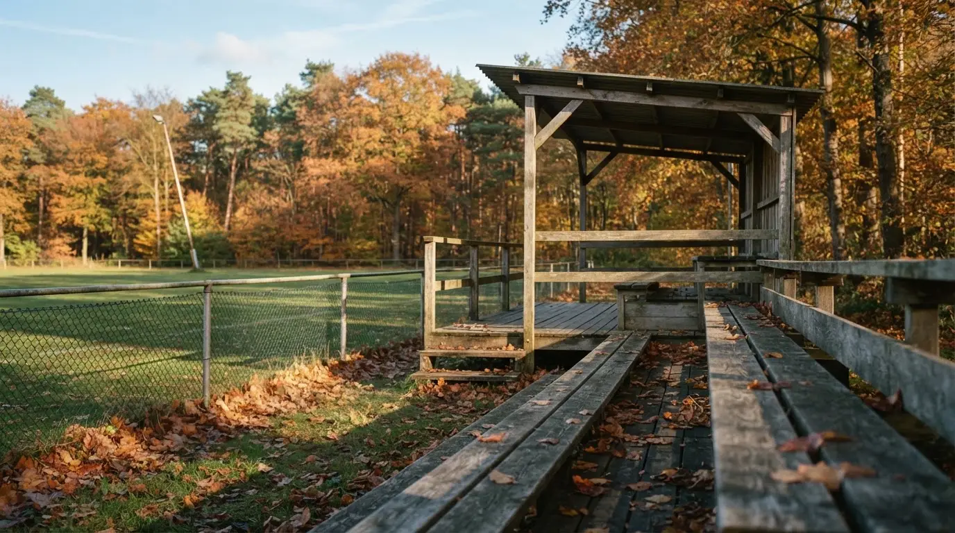 Eine leere Holztribüne steht am Waldrand neben einem kleinen Sportplatz im Herbstlicht.