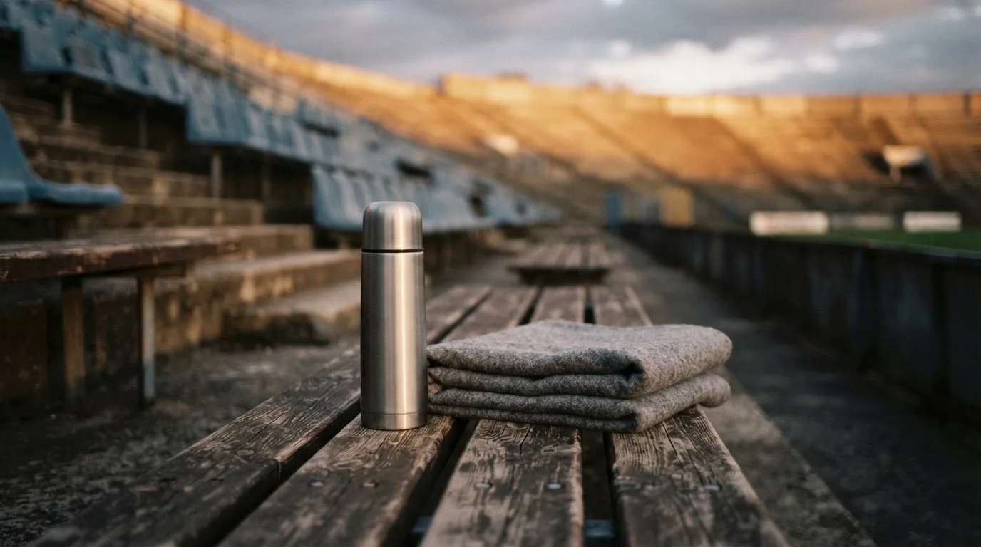Eine Thermoskanne und eine zusammengelegte Wolldecke stehen auf einer leeren Stadionbank, die Sonne geht hinter den Rängen unter.