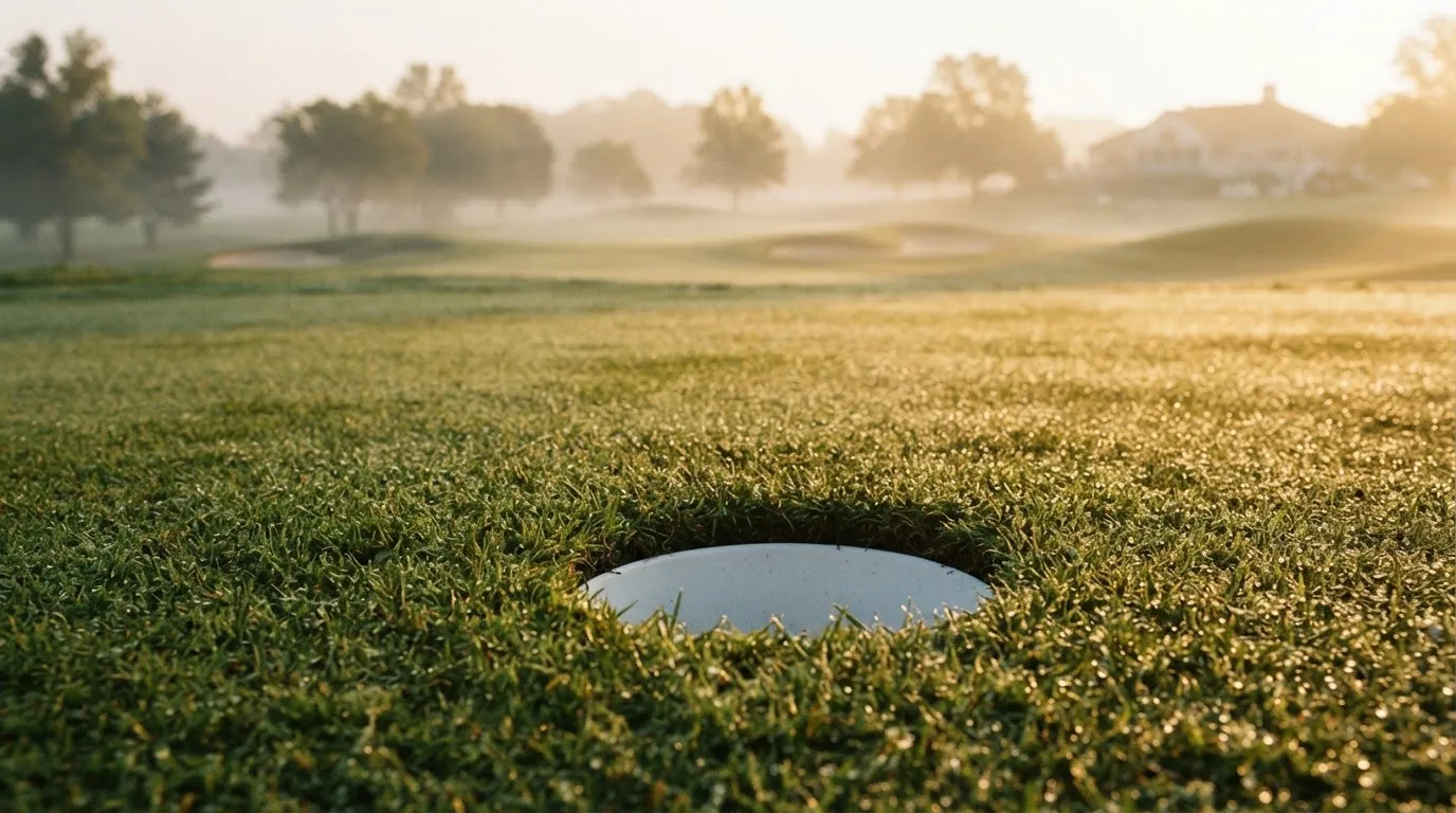 Ein Golfgrün bei Sonnenaufgang mit Tau auf dem Rasen, die Fahnenstange fehlt und im Hintergrund ziehen Nebelschwaden.