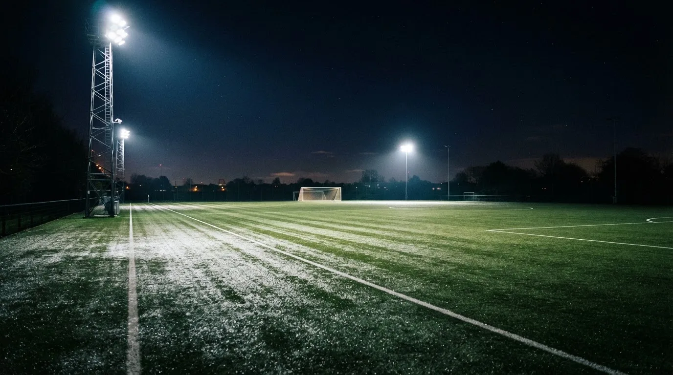 Hohe Flutlichtmasten ragen nachts über einen leeren Trainingsplatz, der Rasen glänzt im weissen Licht.