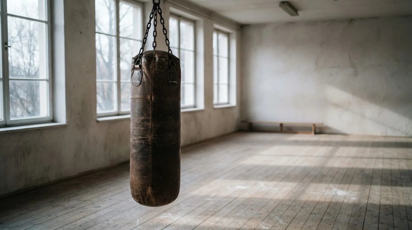 Ein Boxsack hängt an einer Kette in einem leeren Trainingsraum mit hellem Holzboden und grossen Fenstern.